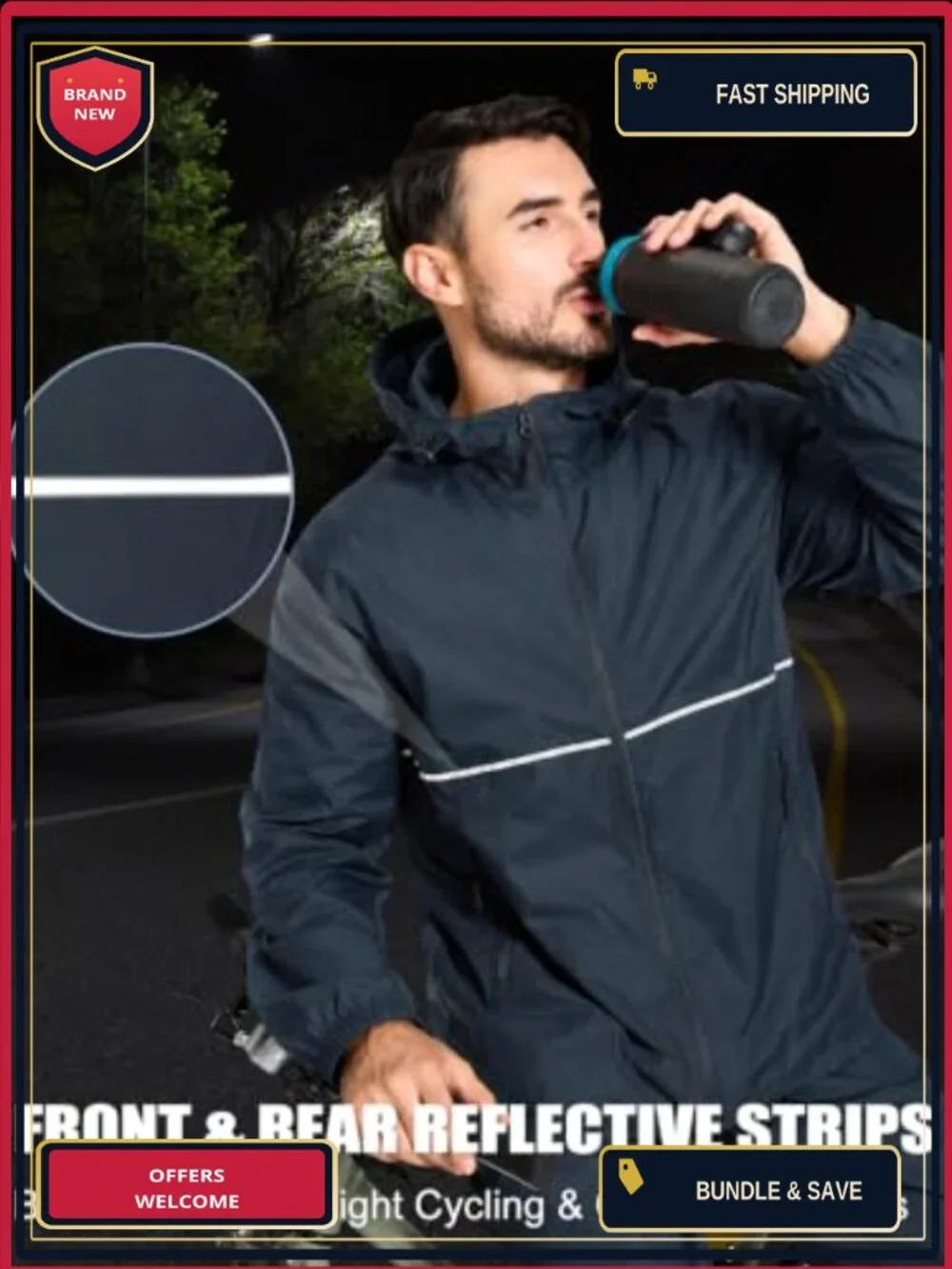 Men's Waterproof Packable Rain Jacket with Reflective Stripes